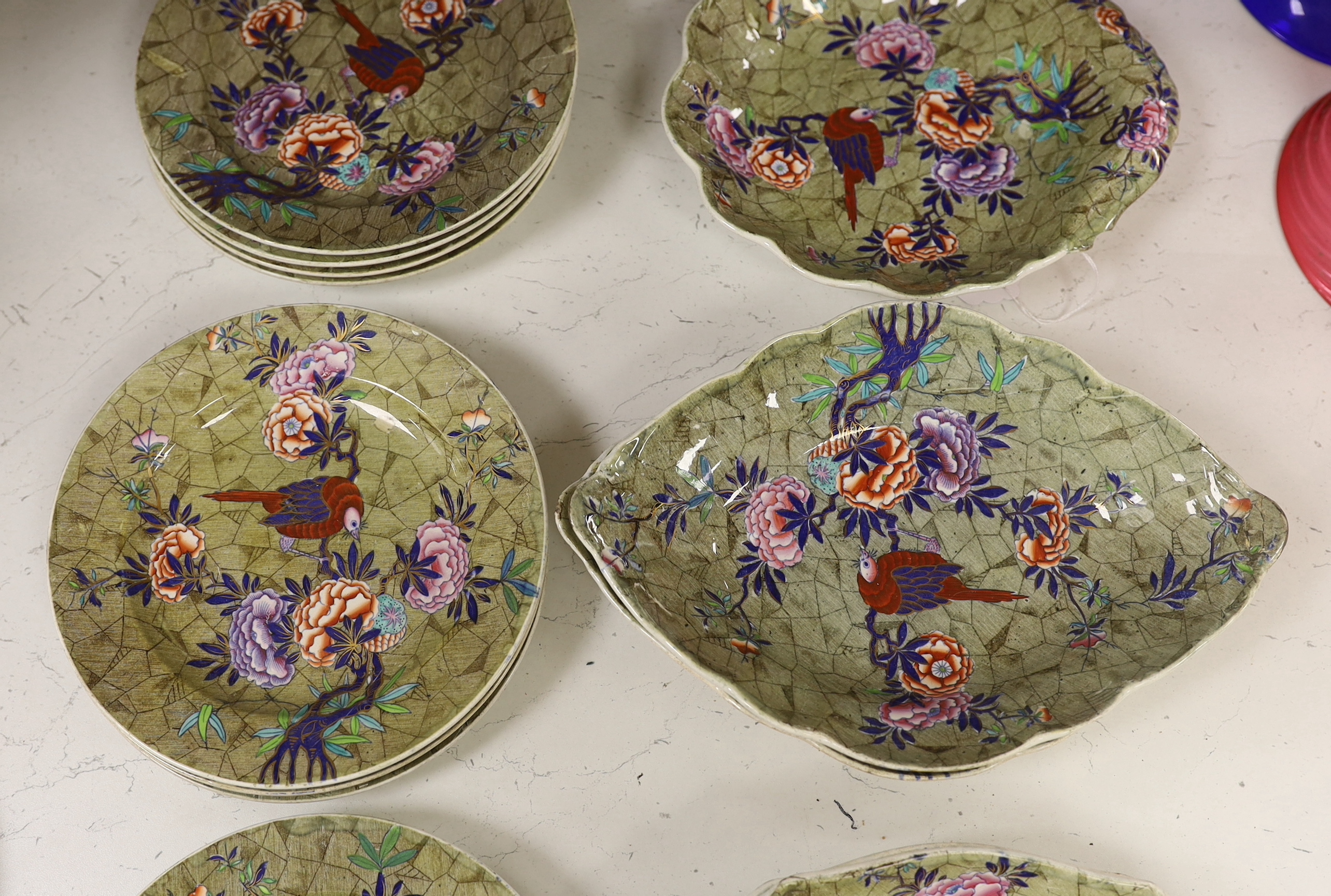 A Spode ‘Tumbledown Dick’ part dessert service, early 19th century, decorated with birds and flowers